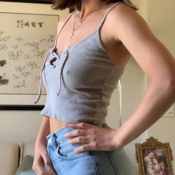 Topshop Gray Ribbed Lace Up Crop top - Picture 4 of 5
